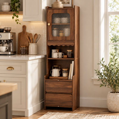 Armoire de rangement haute et étroite avec porte en verre cannelé, 2 tablettes ouvertes et 2 tiroirs, meuble de rangement autoportant en noyer