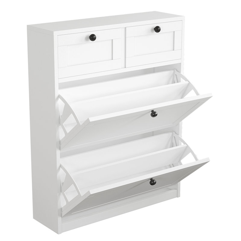 16 Pair Shoe Storage Cabinet With 2 Drawers, White