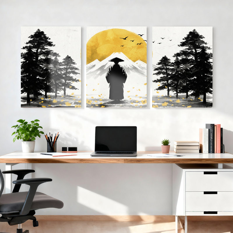 Ensemble de 3 tableaux sur toile tendue représentant un paysage zen japonais avec le mont Fuji et la silhouette d'un samouraï