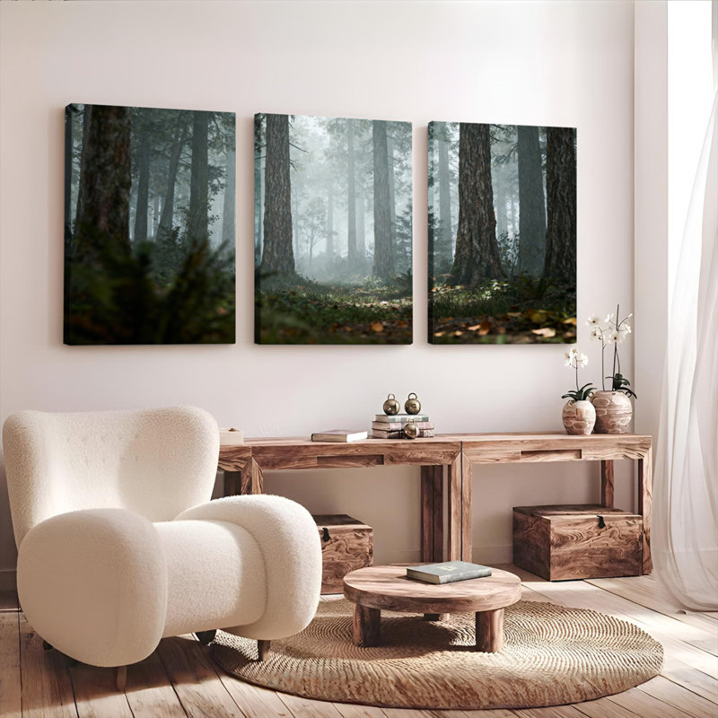 Ensemble de 3 tableaux sur toile représentant un paysage naturel de forêt brumeuse, H 24 po x l 48 po
