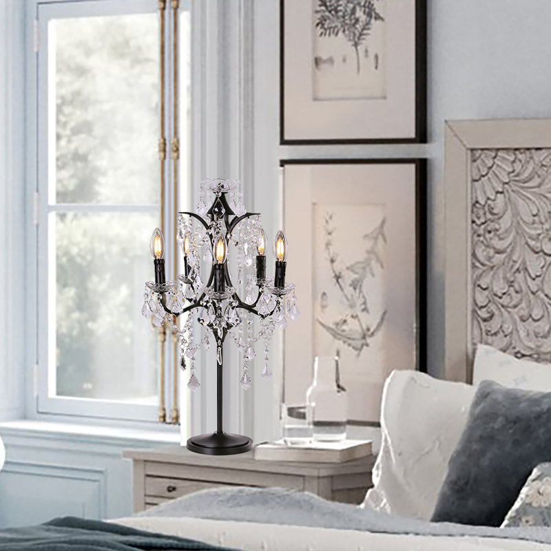 5-light Farmhouse Tranditional Crystal Table Lamp Black Craft Candelabra Lighting Fixture