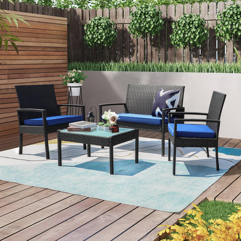 Wicker/Rattan 4 - Person Seating Group with Cushions, Blue, Black