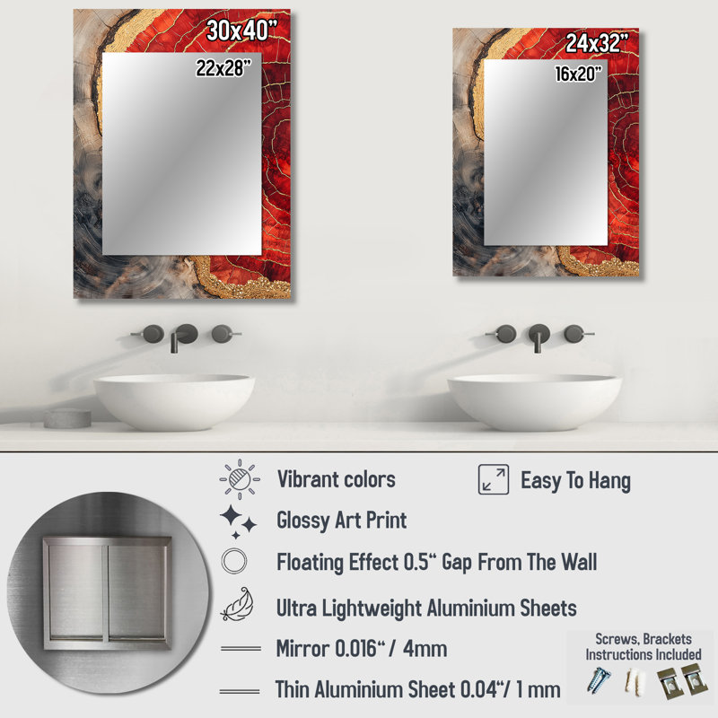 Ruby Crystals And Wood Slide Energy IV - Wood Slide Large Mirror, Traditional Decorative Wall Mirror, Printed Metal Art