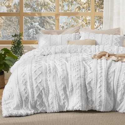 Boho Comforter Set Queen Size - Bright White Boho Bedding Comforter Set, 3 Pieces Farmhouse Shabby Chic Embroidery Bed Set, Gifts For Woman, Soft Jacquard Comforter For All Seasons