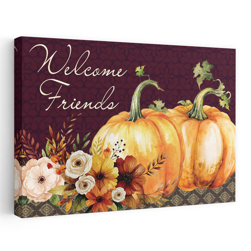 Welcome Friends Fall Floral and Pumpkins Rustic Abstract Contemporary Autumn Art, H 16 po x l 24 po