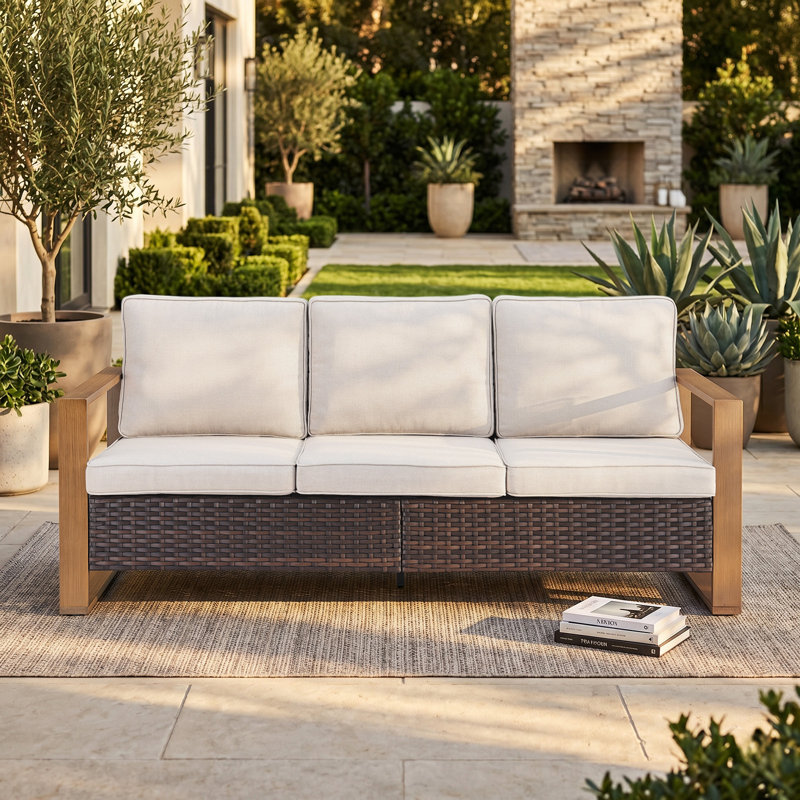 Allcot Patio Outdoor PE Wicker Sofa With Cushions, Beige, Gris