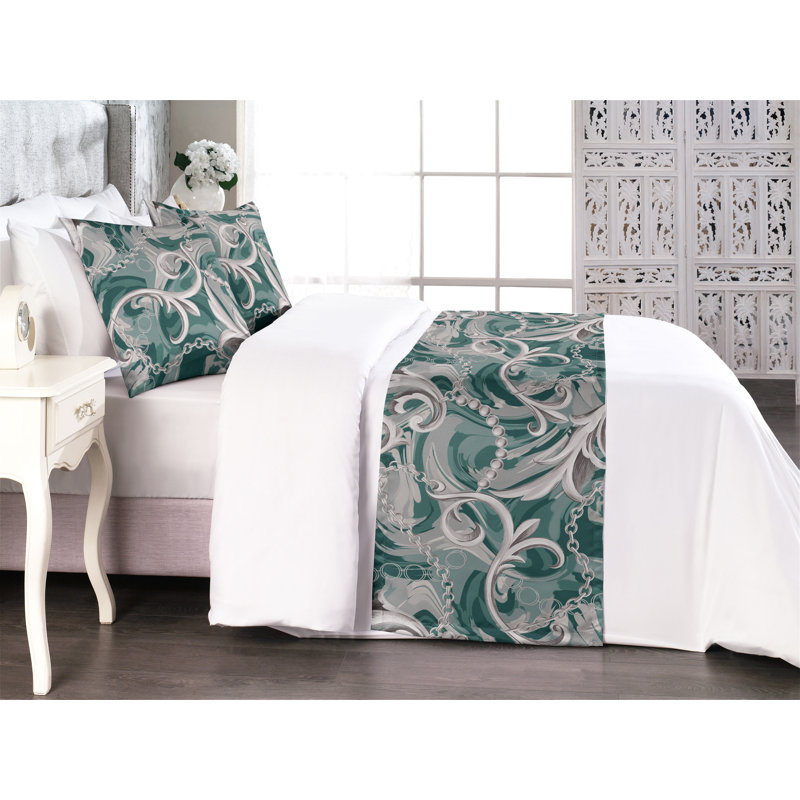 Ensemble de chemin de lit Ambesonne Baroque Royal Flora Curlicue Damask Pale Grey Hunter Green, Très grand lit
