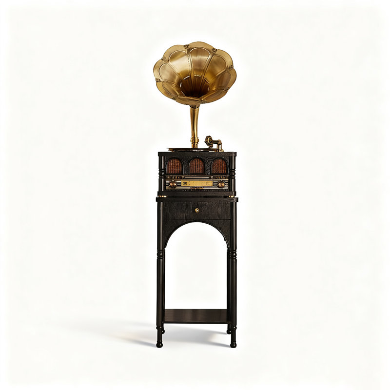 Style français rétro sur pied avec tourne-disque en vinyle Bluetooth, Noir et or