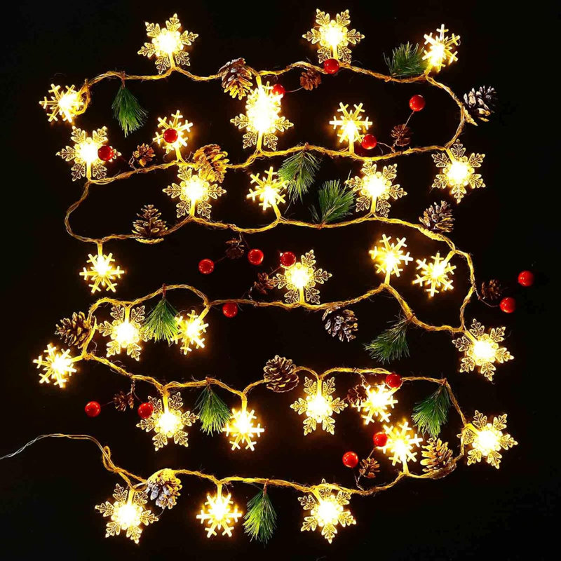 30 Led 10Ft Christmas Garland Snowflake Lights, Pine Cones Red Berry Battery Operated Fairy String Lights 8 Lighting Modes With Timer Indoor Outdoor Tree Decor Fireplace Mantle Decorations Warm White