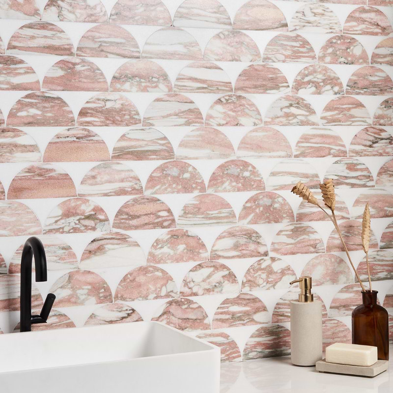 Moonrise 9x12 Half Moon Polished Thassos Marble Waterjet Mosaic Tile, Pink Rosa