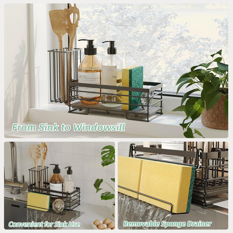 Porte-éponge de cuisine avec tapis de séchage et crochet, support d'évier en acier inoxydable antirouille, organisateur de rangement compact pour distributeur de savon pour brosses et accessoires d'évier