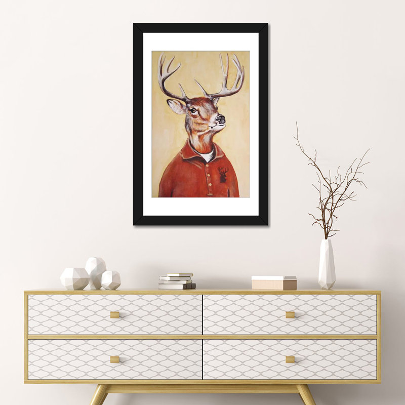 « cerf garçon », reproduction d’art sur toile, H 24 po x l 16 po x P 1 po, Papier d'art encadré noir, Blanc