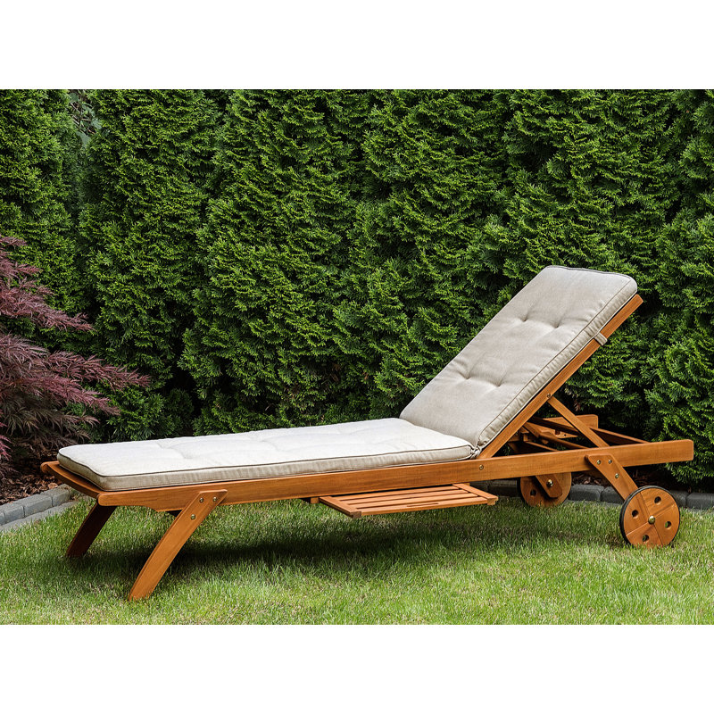 Barry 195cm Long Reclining Acacia Single Chaise with Cushions and Table, Beige