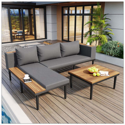Ensemble de canapé de patio en L en bois d'acacia avec table d'appoint et coussins de 3,15 po