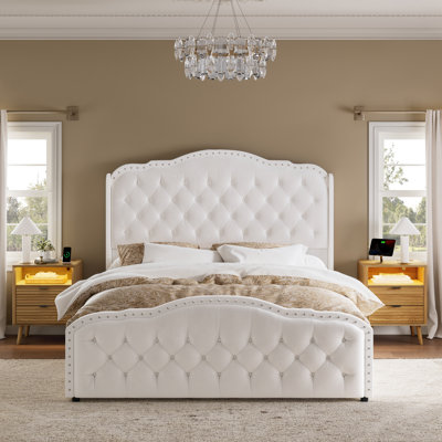 Larimore 3 Piece Bedroom Sets, Upholstered Bed With 4 Drawers& 2 Wave Nightstand