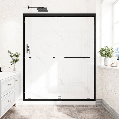 Porte de douche coulissante à double dérivation de 55 à 60 po, noir mat, cadre en aluminium, verre trempé de 6 mm, preuve de nano, conception de salle de bain de style américain