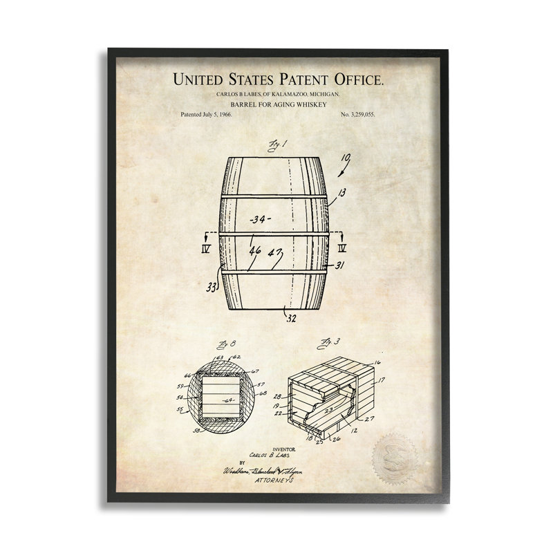 Conception de brevet de whisky vieilli en baril de liqueur, L 24 po x H 24 po, Giclée encadrée noir minuit