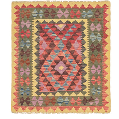 Tapis de zone en laine vert/rouge 3 pi 3 po x 3 pi 8 po one-of-kind-noué la main Lorain