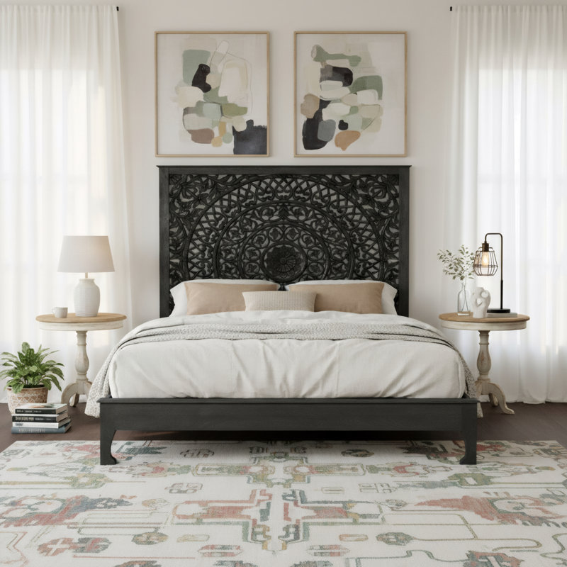 Aarohi Solid Wood Low Profile Standard Bed, Black, King