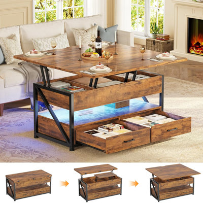  Themistocles Lift Top Coffee Table with Drawers RGB LED Lights Hidden Compartment