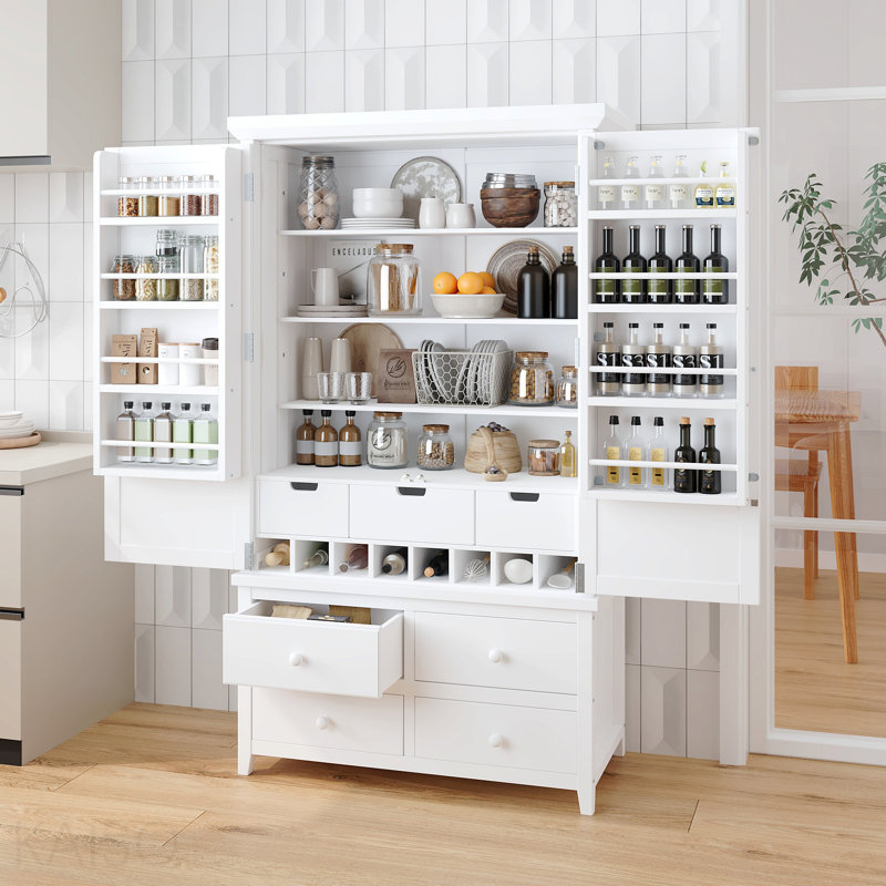 Grand garde-manger autoportant avec 8 tablettes de porte et 7 tiroirs pour la salle à manger - Blanc