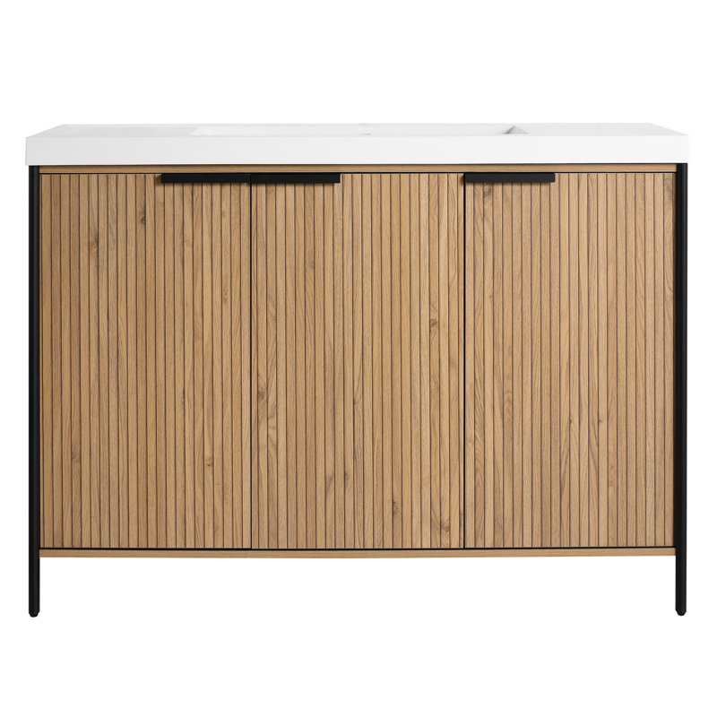 Meuble-lavabo de 48 po avec lavabo en résine. Portes à fermeture en douceur et poignées en métal. Design contemporain. Rangement intérieur spacieux. Contreplaqué. Bassin à café. Portes à poignées. Look moderne. Grand