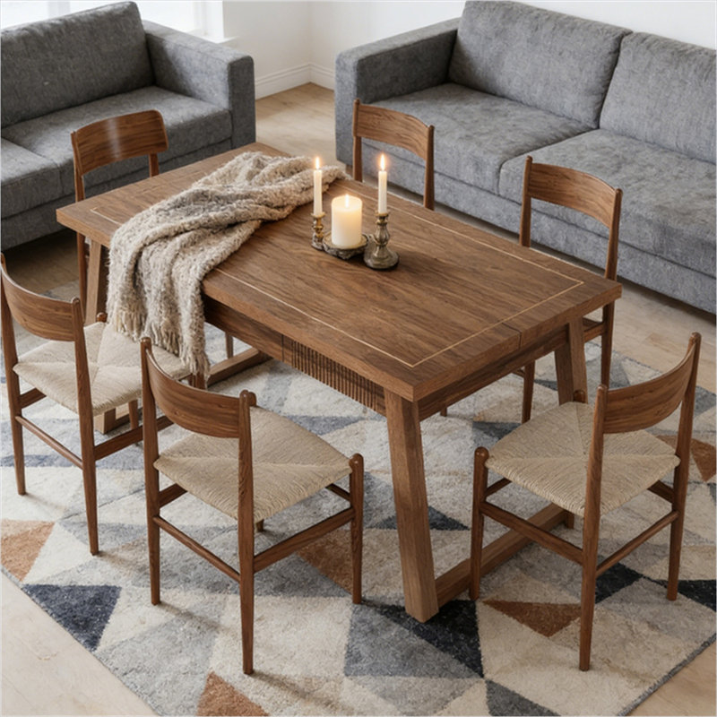 Table de salle à manger rectangulaire en MDF avec tiroir de rangement, brun riche, 55 po x 28 po, 6 places assises