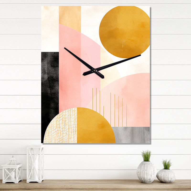 Pleine lune pleine floraison rétro or rose - très grandes horloges murales géométriques modernes, H 32 po x l 24 po x P 1 po
