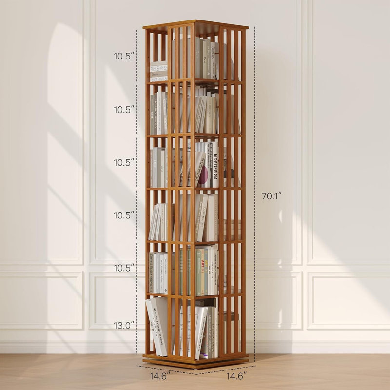 Bamboo 6 Tier Rotating Bookshelf Tower, Floor Standing 360 Display Spinning Bookcase, Brown