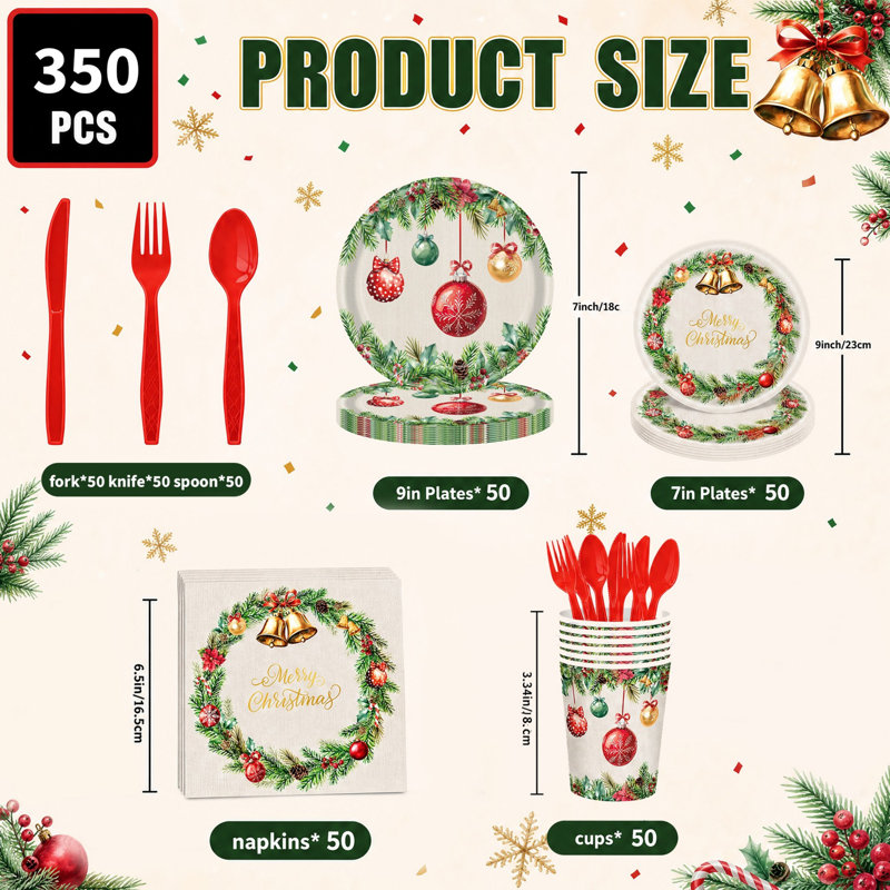 Vaisselle de Noël 350PCS jetable pour 50 invités, assiettes en papier 9 pouces et 7 pouces avec tasses, serviettes de table, boule de Noël