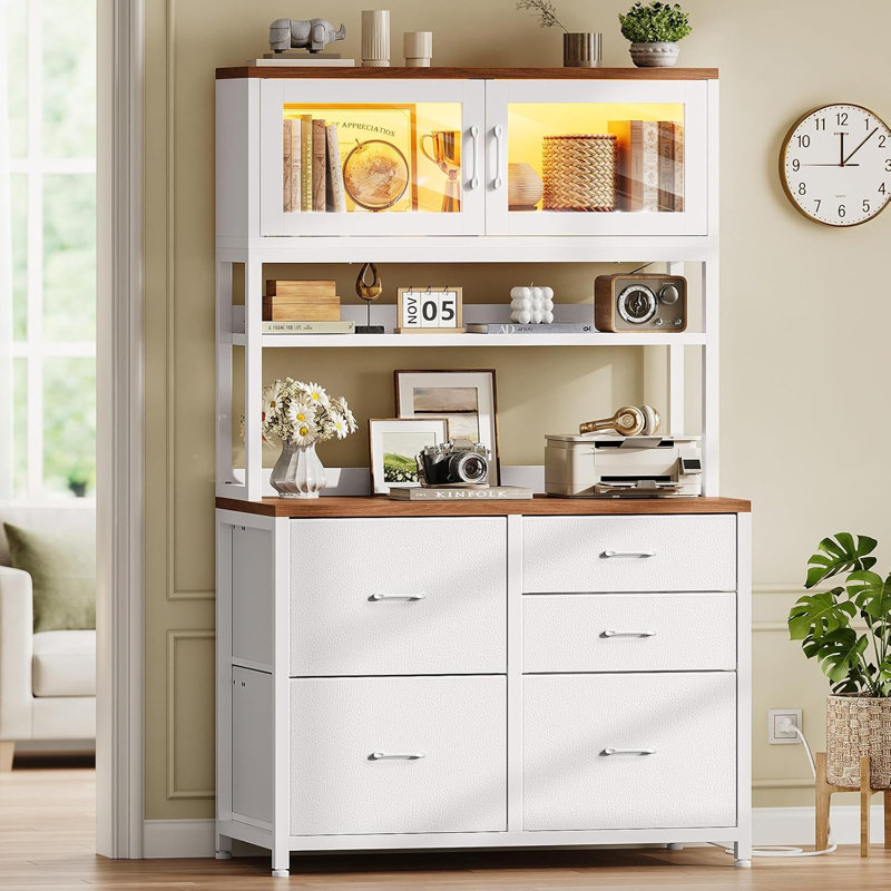 31.5" 5 Drawer File Cabinet with Power Strip, LED Lights and Storage Shelf, Filing Cabinet for Home Office Fits Legal/Letter/A4, Printer Stand, White + Brown