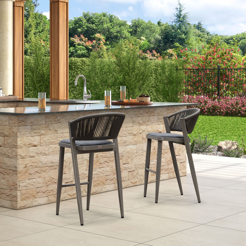 Brasia 29.72" Patio Bar Stool with Cushion, Gray Frame/Gray Cushion