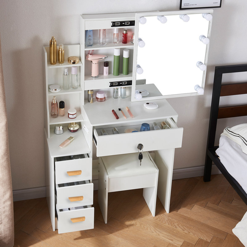 Ensemble de coiffeuse avec miroir, tabouret et lumières, bureau de coiffeuse blanc avec miroir, prise de courant et tiroirs