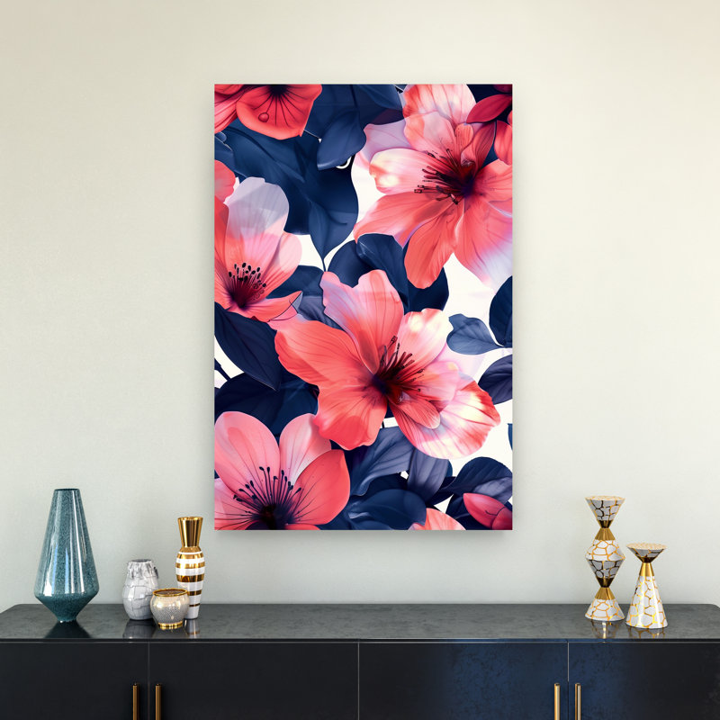 Fleurs de corail, feuilles bleu marine, printemps, nature, moderne et vibrante, H 36 po x l 24 po