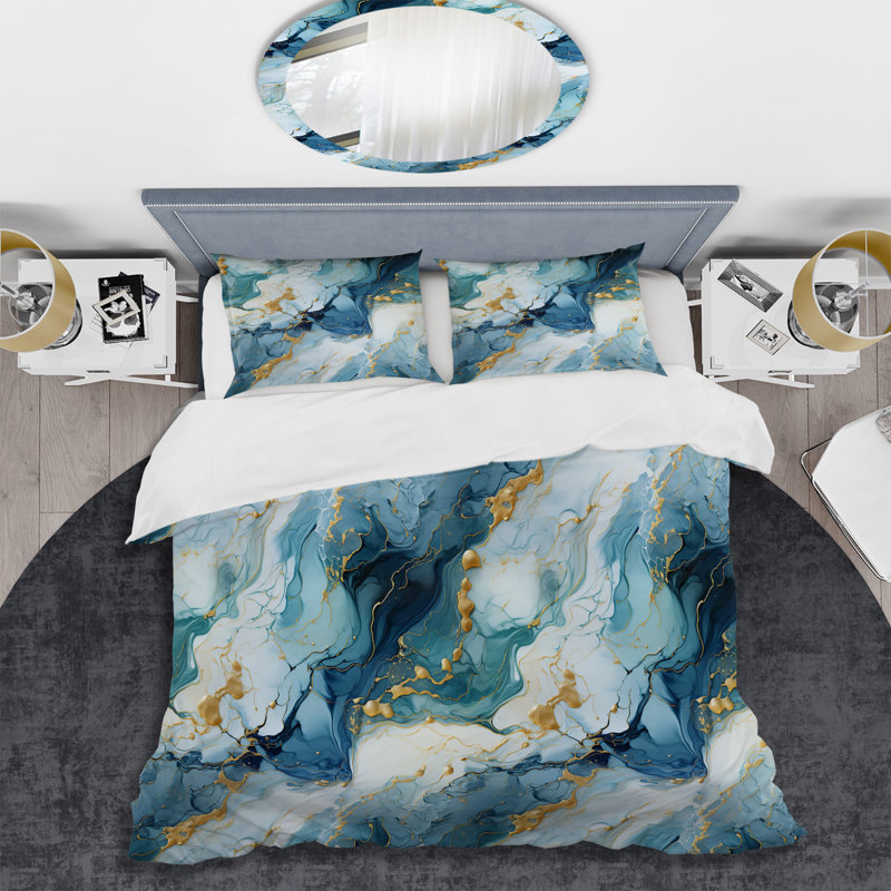 Ensemble de housse de couette en marbre bleu blanc et océanique Allure, Housse de couette pour très grand lit et 2 très