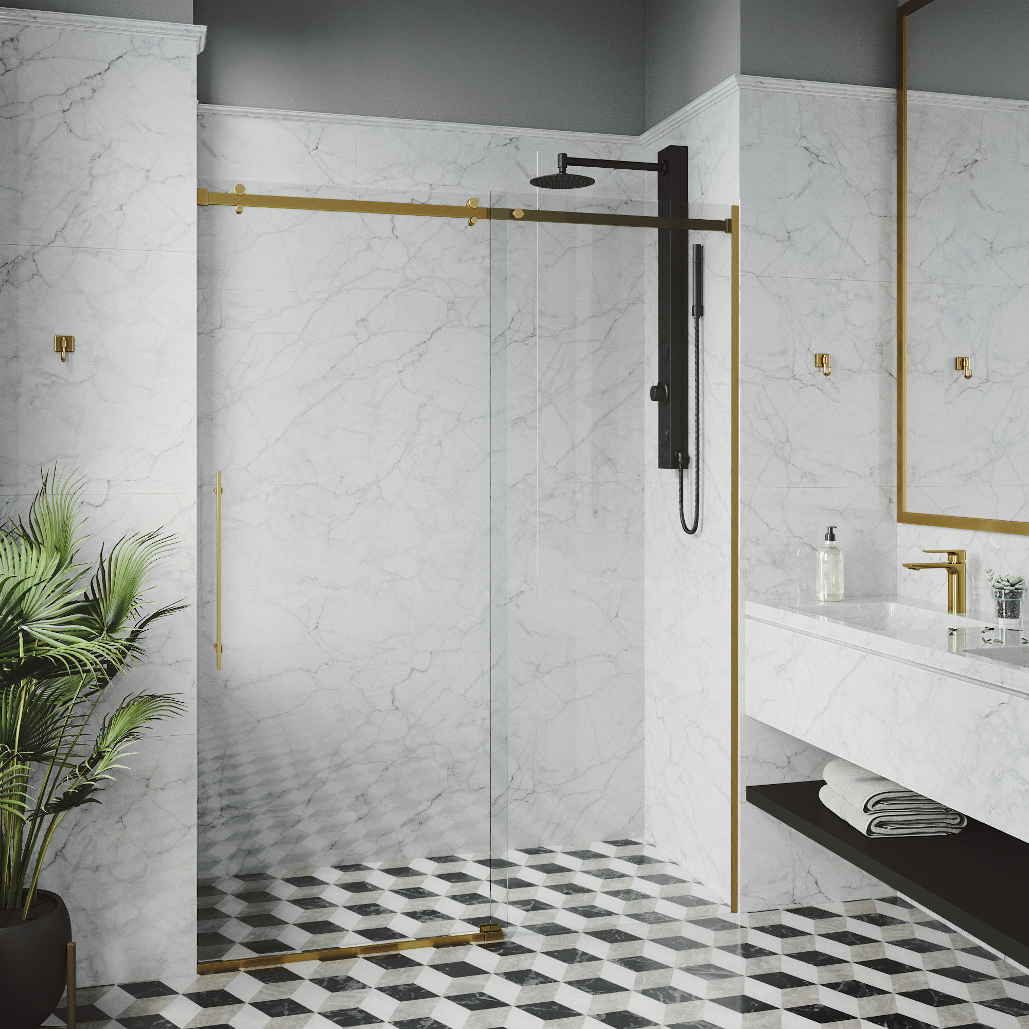 Luca 56-60" W x 79" H Sliding Frameless Shower Door with 3/8" Clear Glass, Matte Gold