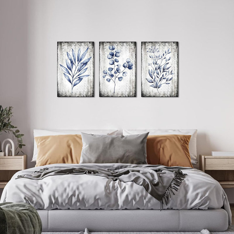 Botanical Painting Rustic Botanical Wall Art Canvas Minimalist White Leaf Plant Artwork Prints, 60 cm H x 40 cm W, Grey