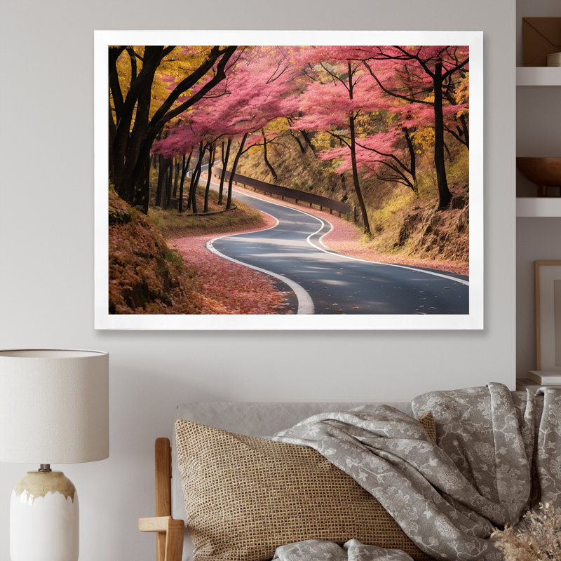 «Rosy Blooming Pathway Into The Forest I - Road», art mural, Cadre de coin blanc fermé, H 16 po x l 32 po x P 1 po