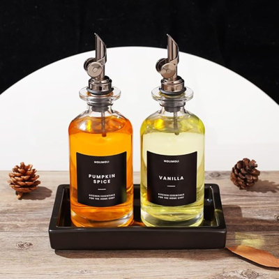 Oil And Vinegar Dispenser With Metal Pour Spout, Weighted Pourer, Glass Bottle Dispenser For Kitchen W. Ceramic Tray|Black, 350Ml, Set Of 2