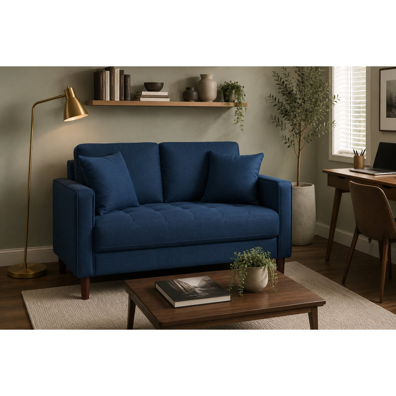 Doiphode Mid-Century Upholstered Loveseat · Removable Back Cushions · 2 Toss Pillows Included, Blue