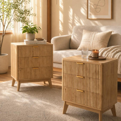 Wood Nightstand Set of 2 – 3-Drawer Fluted Bedside Tables. Value Bundle for   Bedroom