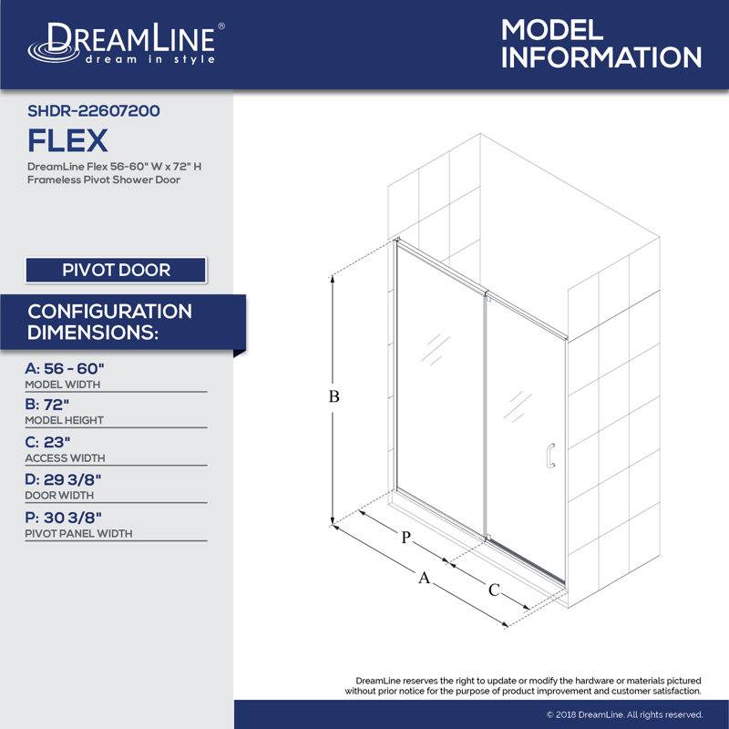 Porte de douche pivotante semi-sans cadre avec technologie Clearmax l 44 po x H 72 po Flex, 60"