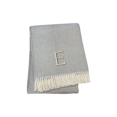 55" X 70" Gray And White Herringbone Cotton Blend E Initial Throw Blanket with Tassels And Embroidery
