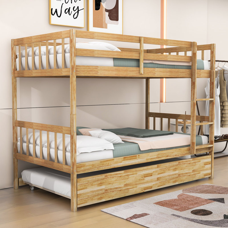 Dedrah Twin Over Twin Wood Bunk Bed With Twin Trundle, Natural