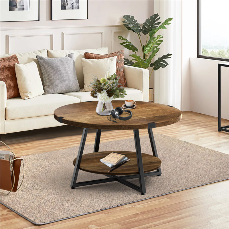 Table basse Jahaira avec tablettes de rangement à 2 niveaux, Chêne rustique