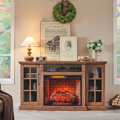 Meuble télé en bois massif de 190 cm avec foyer électrique encastré de 71 cm et armoires à portes vitrées, brun