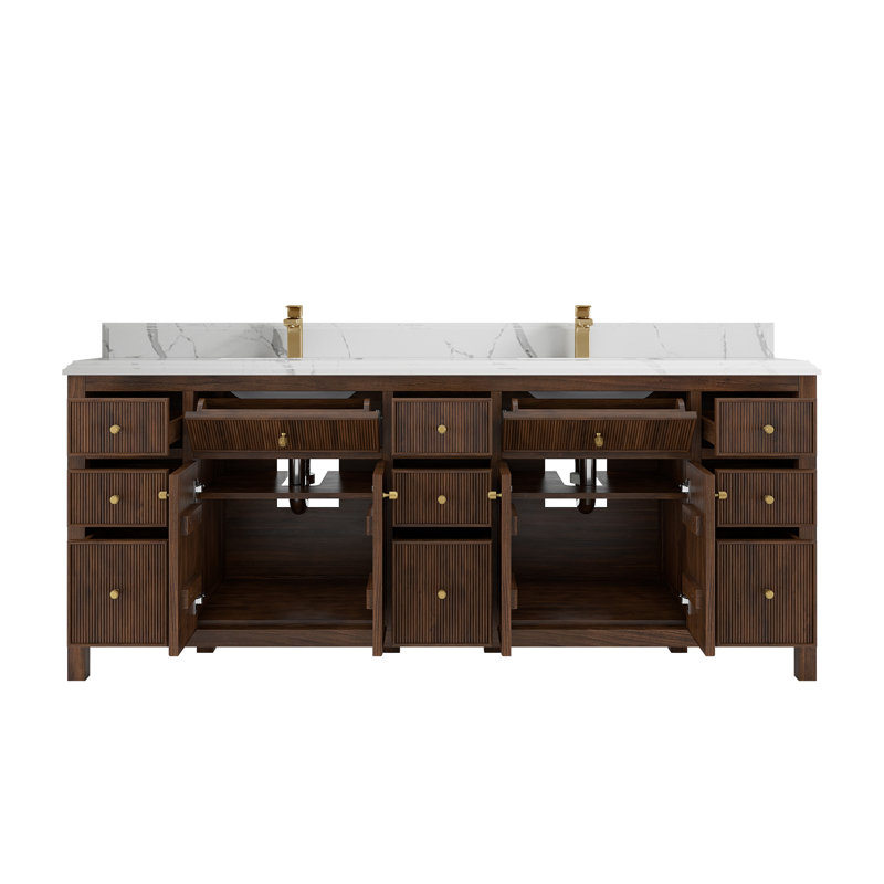 Meuble-lavabo double 84 po avec plateau en quartz Sonoma, Calacatta Laza, Noyer foncé