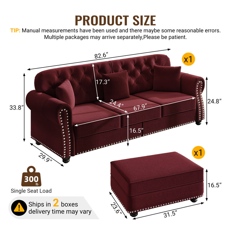 Canapé Chesterfield 82,6 po Mid-Century, Rouge