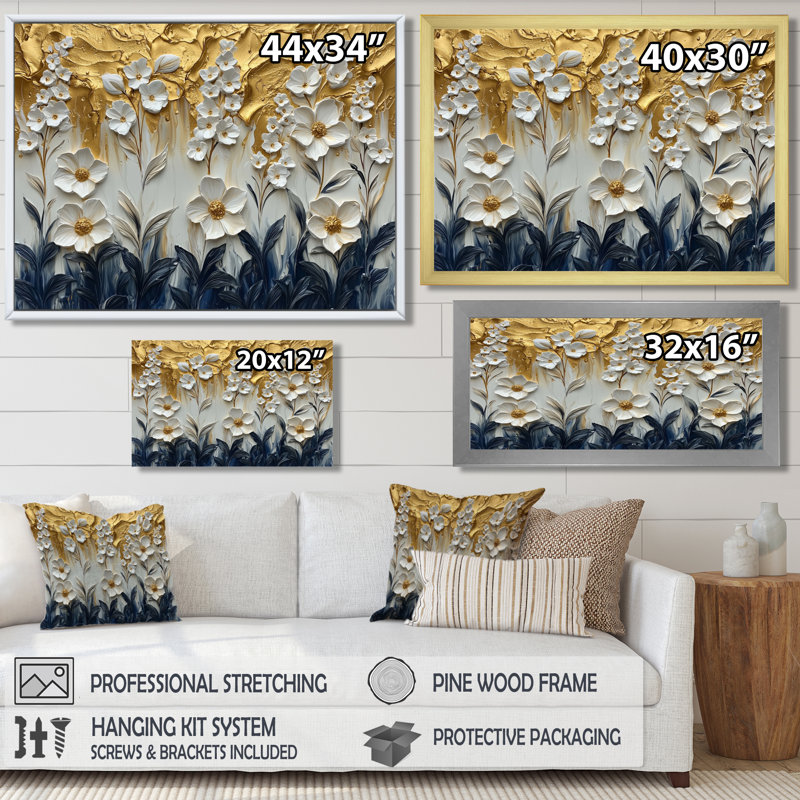 Fleurs blanches et dorées, Wildflowers III - Art mural fleurs sauvages, H 30 po x l 40 po, Cadre flottant, Doré