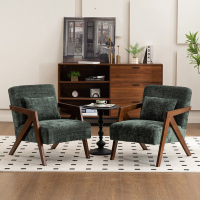 Mid Century Modern Upholstered Chenille Solid Wood Accent Armchair with an Extra Pillow